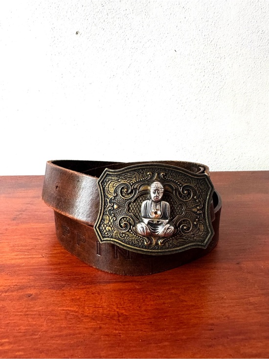 Vintage Other - Guruwear Happiness Vintage y2k Brown Leather Belt with Ornate Buddha Buckle
